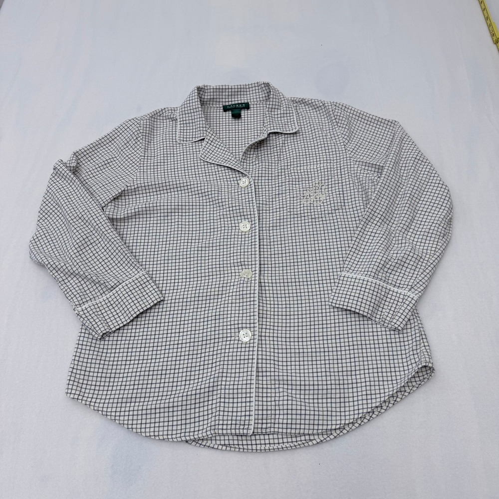 Lauren Ralph Lauren Pajama Top Large Navy White Check Monogram Sleep Shirt LRL